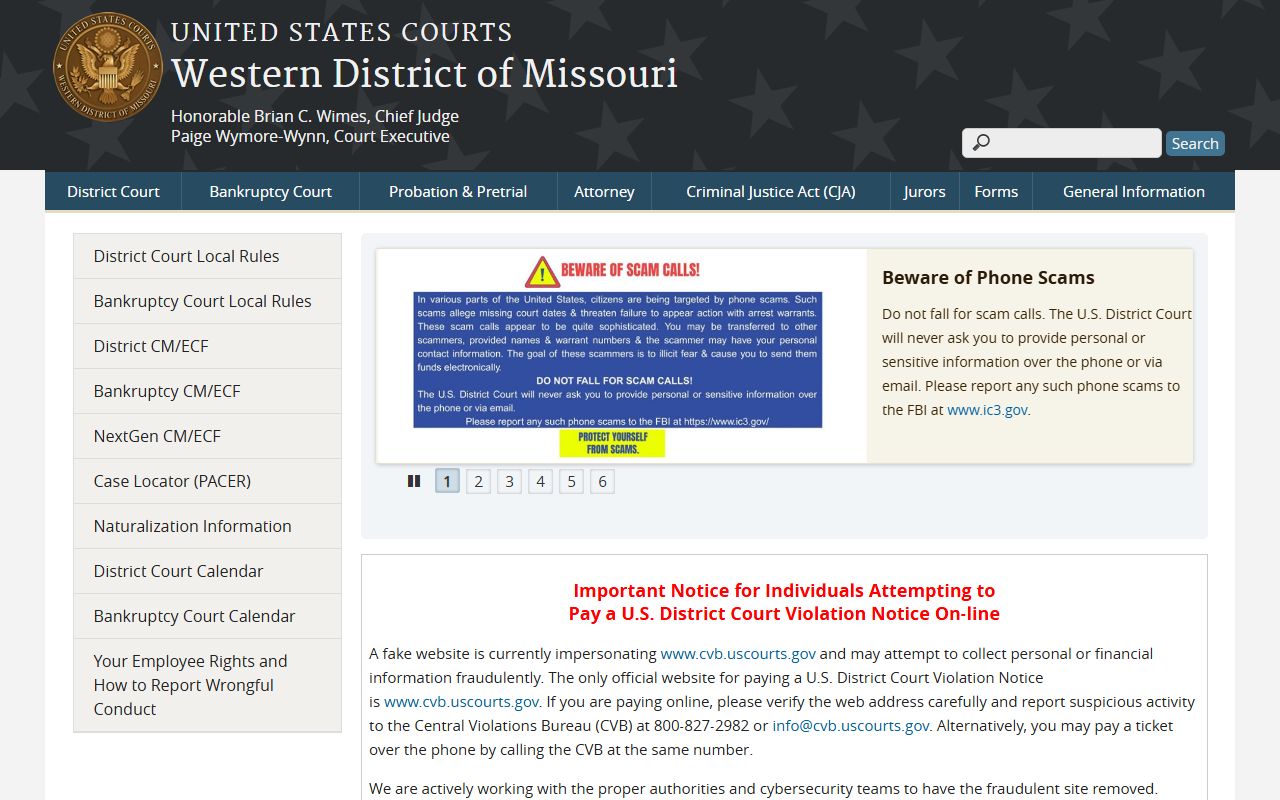 Western District of Missouri court homepage for federal court records