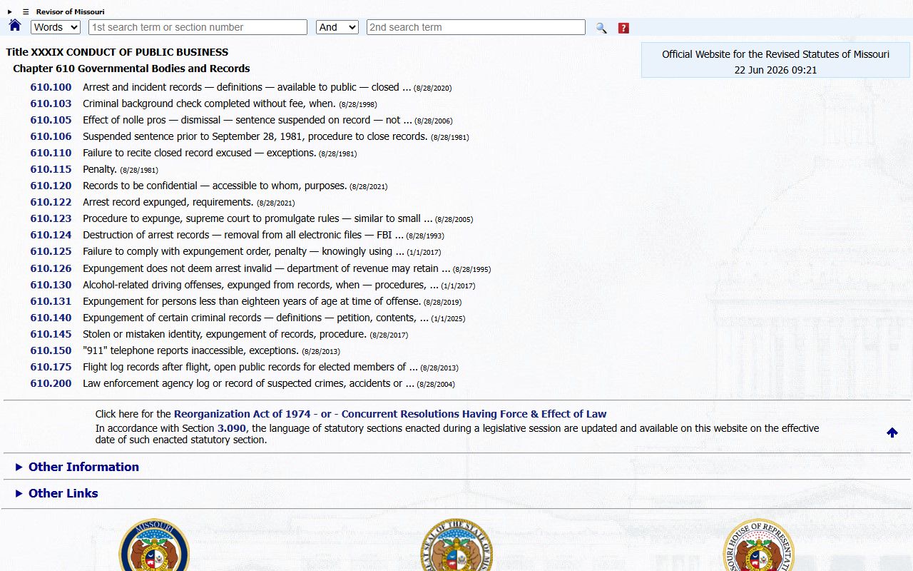 Douglas County criminal court records Missouri Chapter 610 access sections