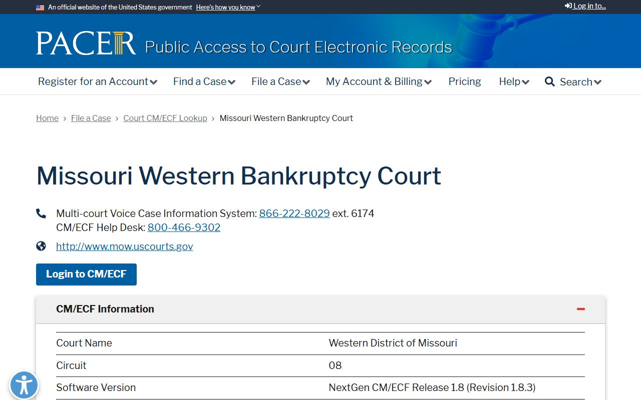 PACER lookup entry for Western District of Missouri Bankruptcy Court