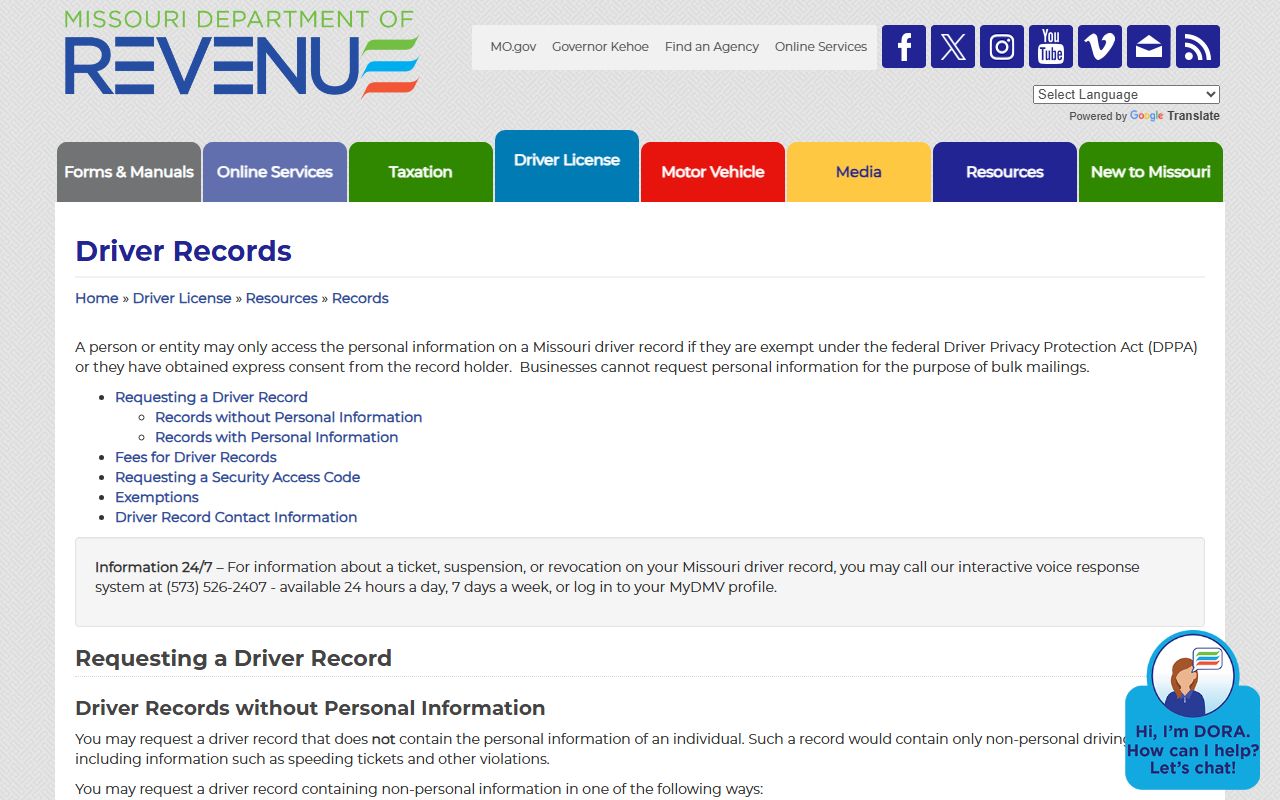 Douglas County traffic court records Missouri DOR driver record requests